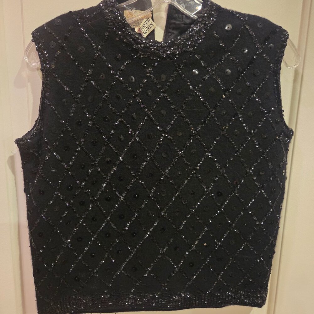 JOSEPH MAGNING, hand beaded, Angora Rabbit hair and Lambs wool, black sleeveless